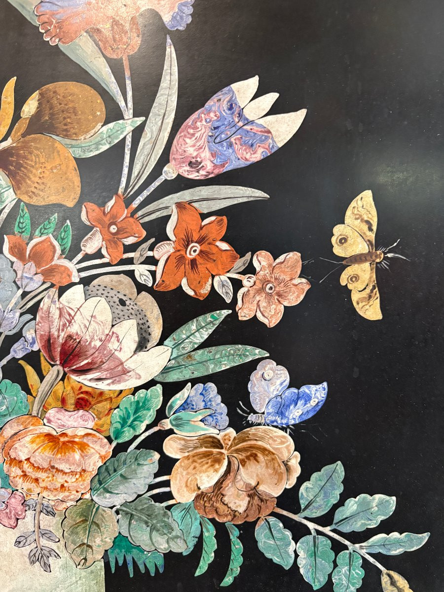 Peinture, « Nature morte aux fleurs » en scagliola, XIXe siècle-photo-4
