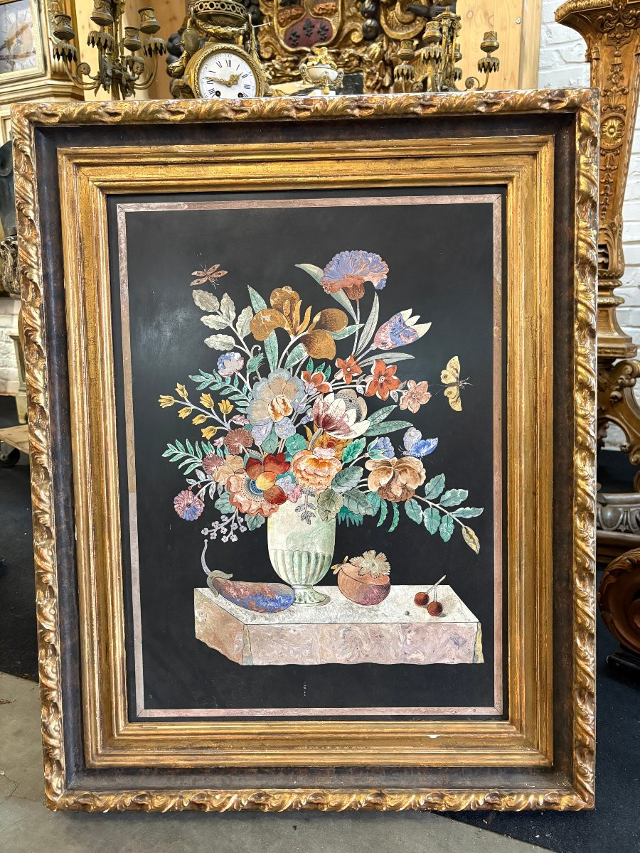 Peinture, « Nature morte aux fleurs » en scagliola, XIXe siècle-photo-1