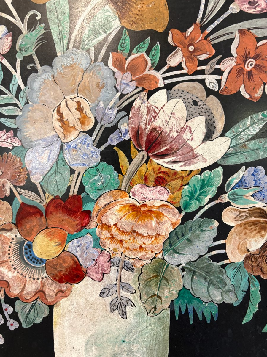 Peinture, « Nature morte aux fleurs » en scagliola, XIXe siècle-photo-3