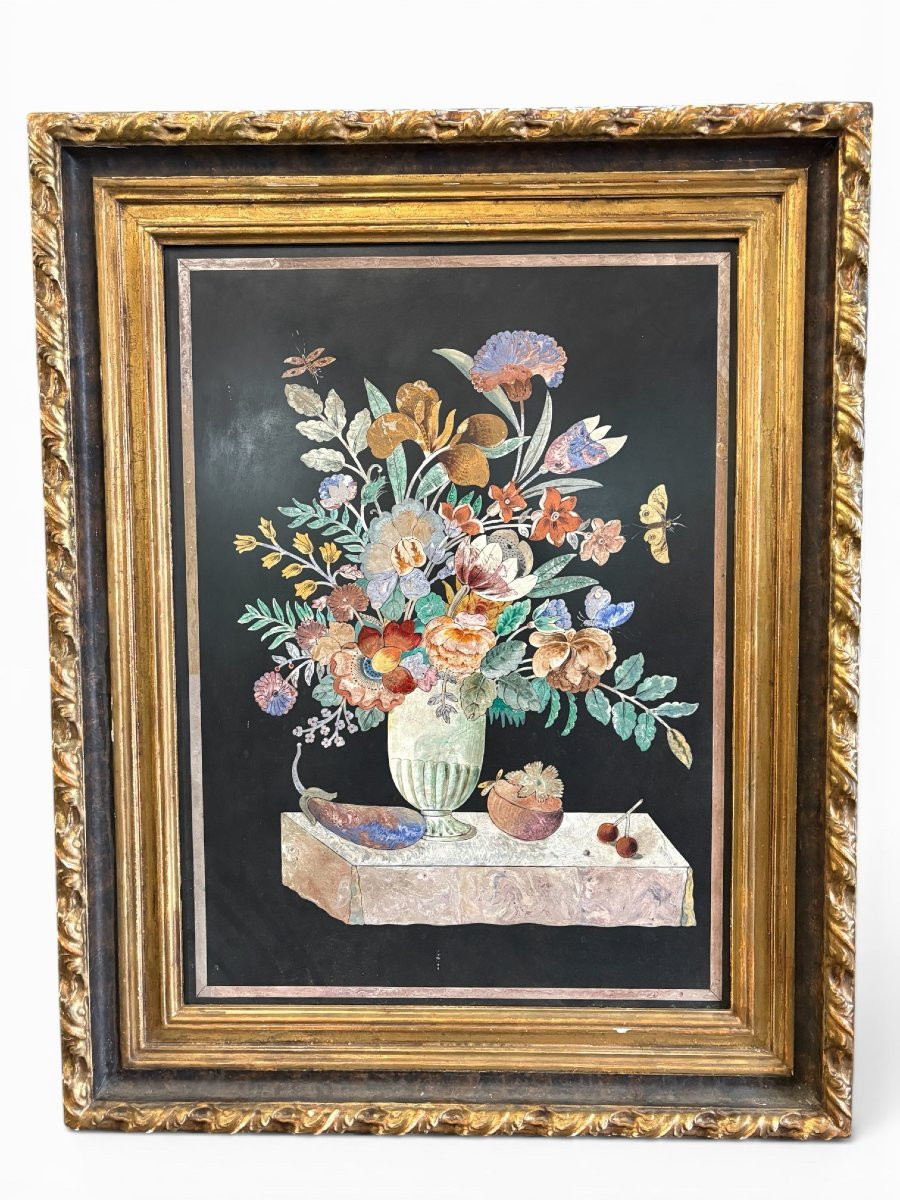 Peinture, « Nature morte aux fleurs » en scagliola, XIXe siècle-photo-7