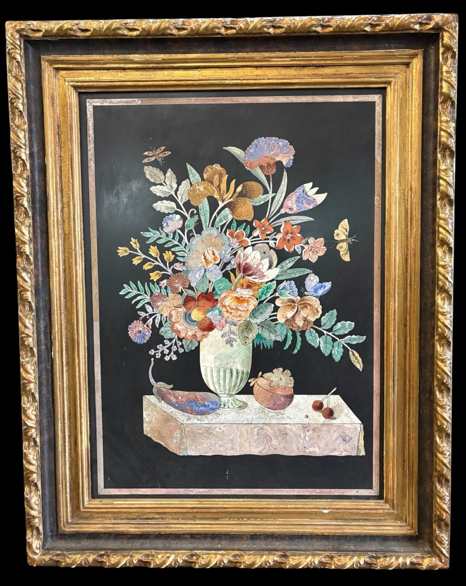 Peinture, « Nature morte aux fleurs » en scagliola, XIXe siècle