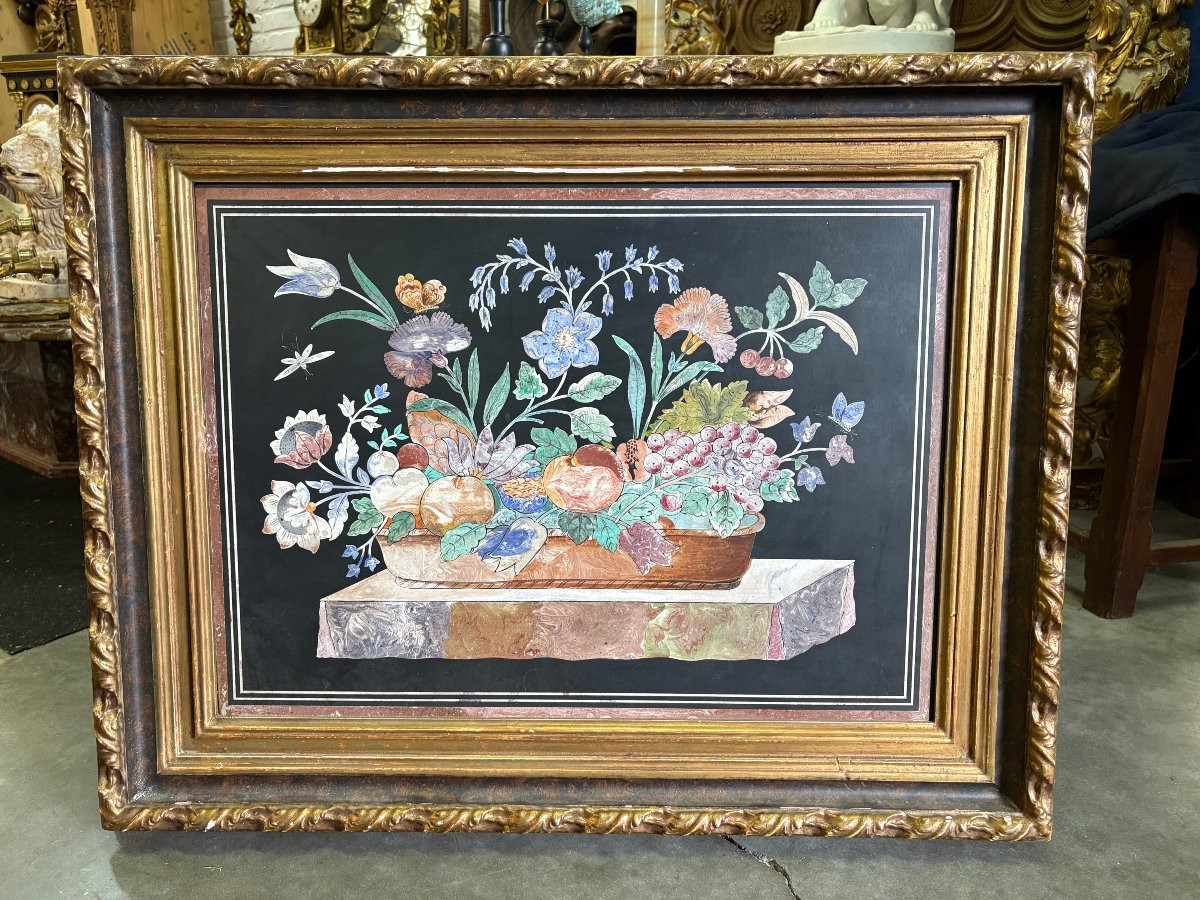 Painting, "still Life With Flowers" In Scagliola, 19th Century-photo-1