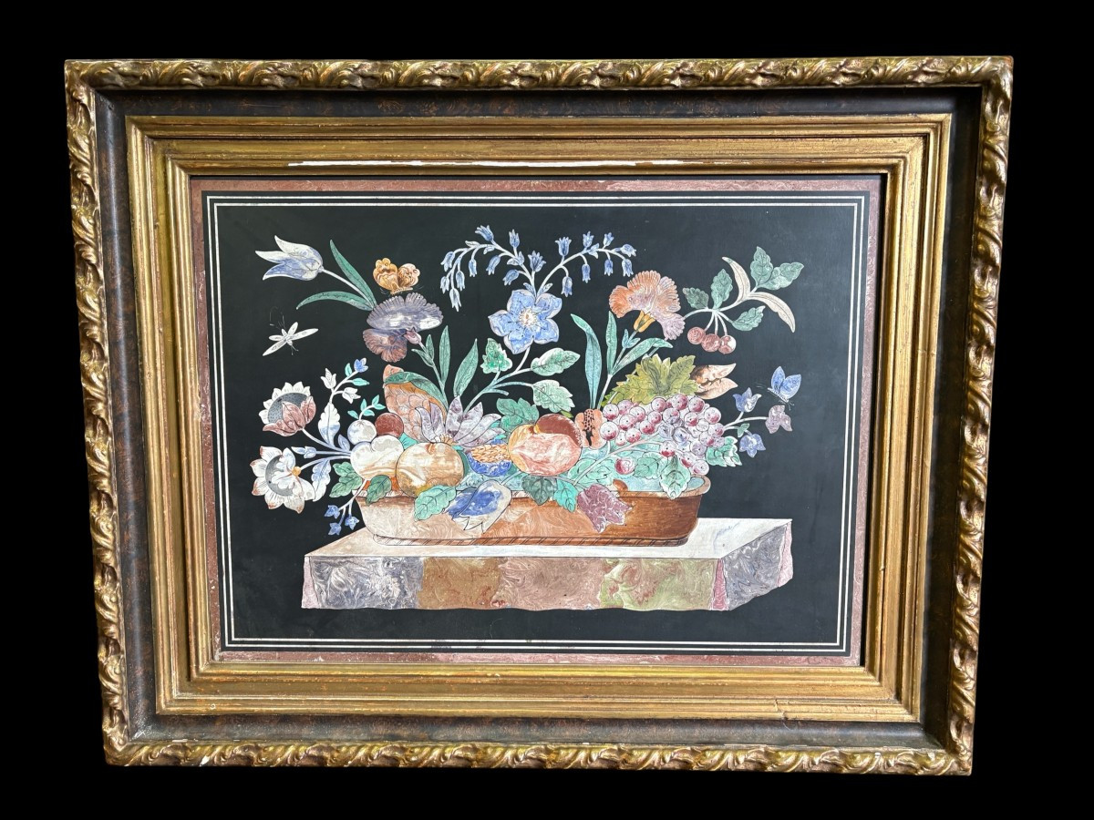 Painting, "still Life With Flowers" In Scagliola, 19th Century