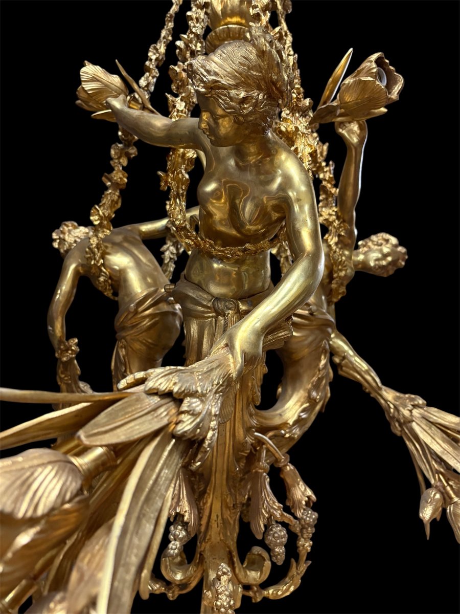 Pair Of Large Gilt Bronze Mythological 3-woman Chandeliers From The 20th Century.-photo-4