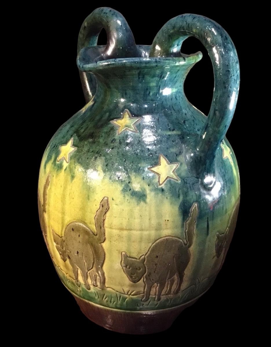 Vase Of Cats And Stars Earthenware Circa 1930 Art Deco-photo-2