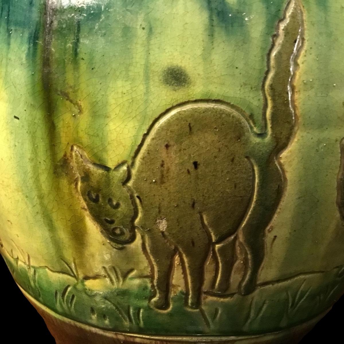 Vase Of Cats And Stars Earthenware Circa 1930 Art Deco-photo-2