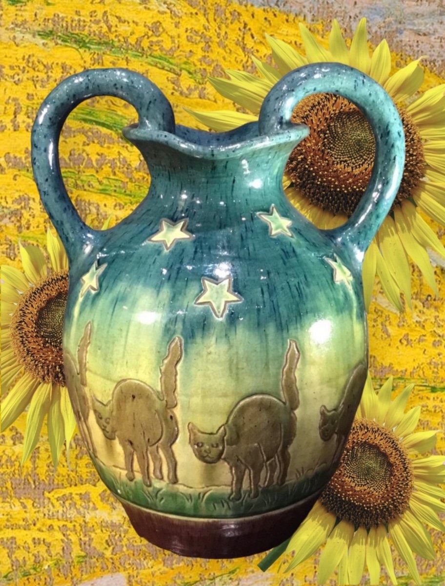 Vase Of Cats And Stars Earthenware Circa 1930 Art Deco-photo-6