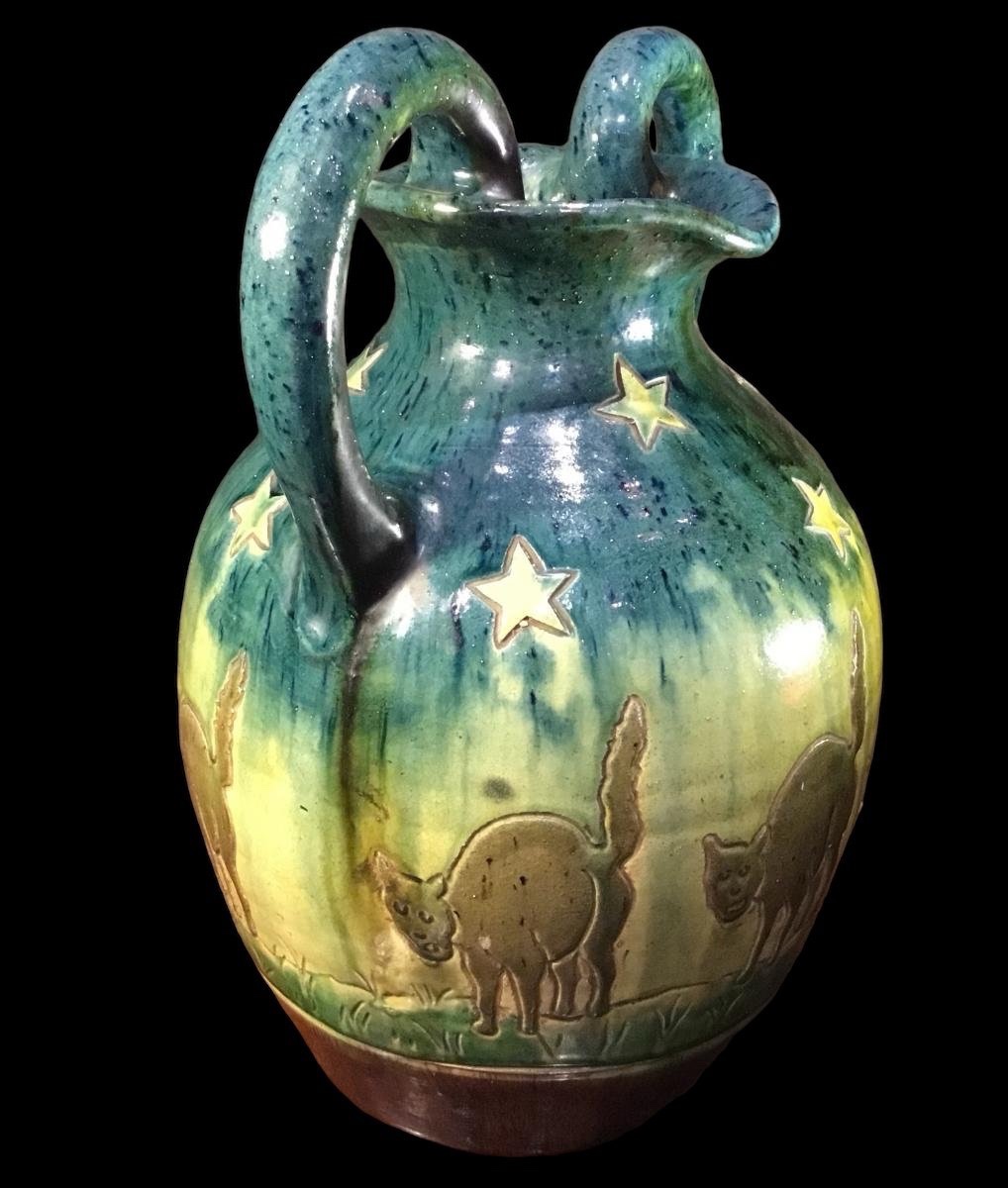 Vase Of Cats And Stars Earthenware Circa 1930 Art Deco-photo-8