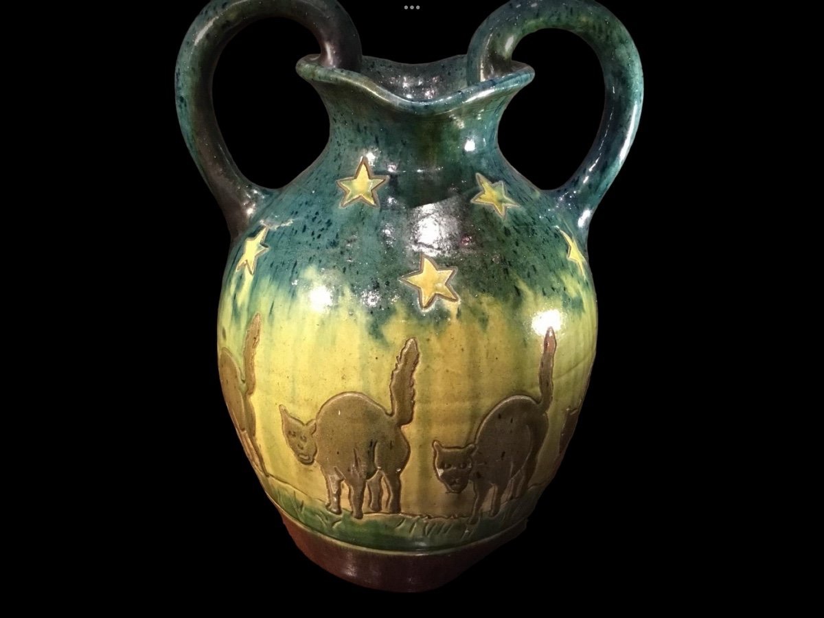 Vase Of Cats And Stars Earthenware Circa 1930 Art Deco