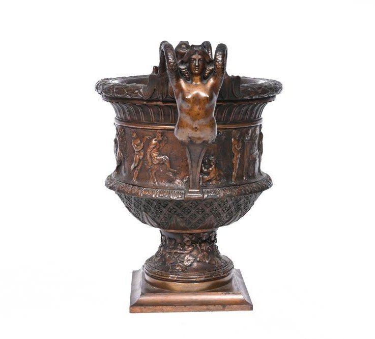 Grand vase " Médicis " en bronze patiné brun avec un cortège de Bacchus 19ème.-photo-2