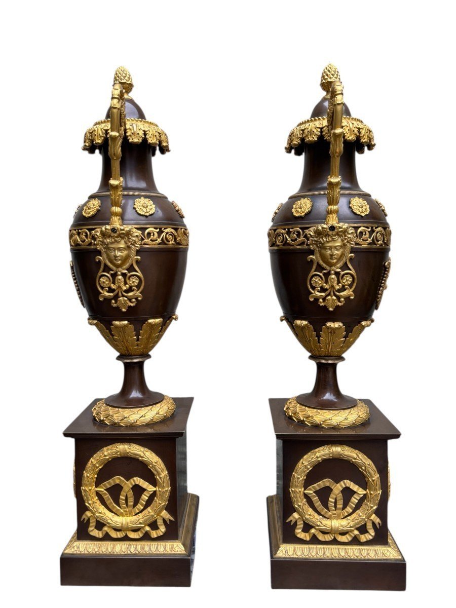 Pair Of Large Empire Gilt Bronze / Patinated 19th Century Cassolettes.-photo-4