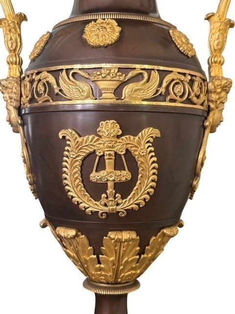 Pair Of Large Empire Gilt Bronze / Patinated 19th Century Cassolettes.-photo-1