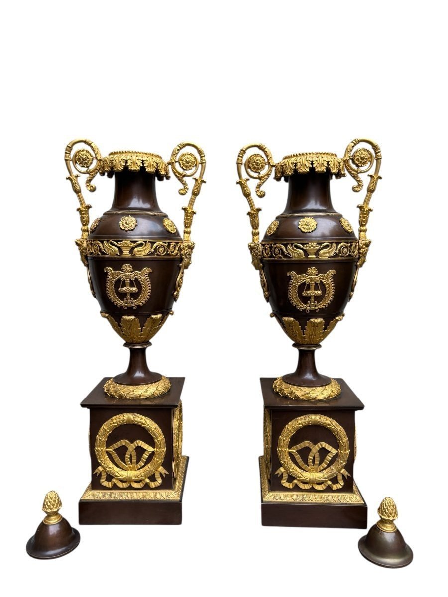 Pair Of Large Empire Gilt Bronze / Patinated 19th Century Cassolettes.-photo-6