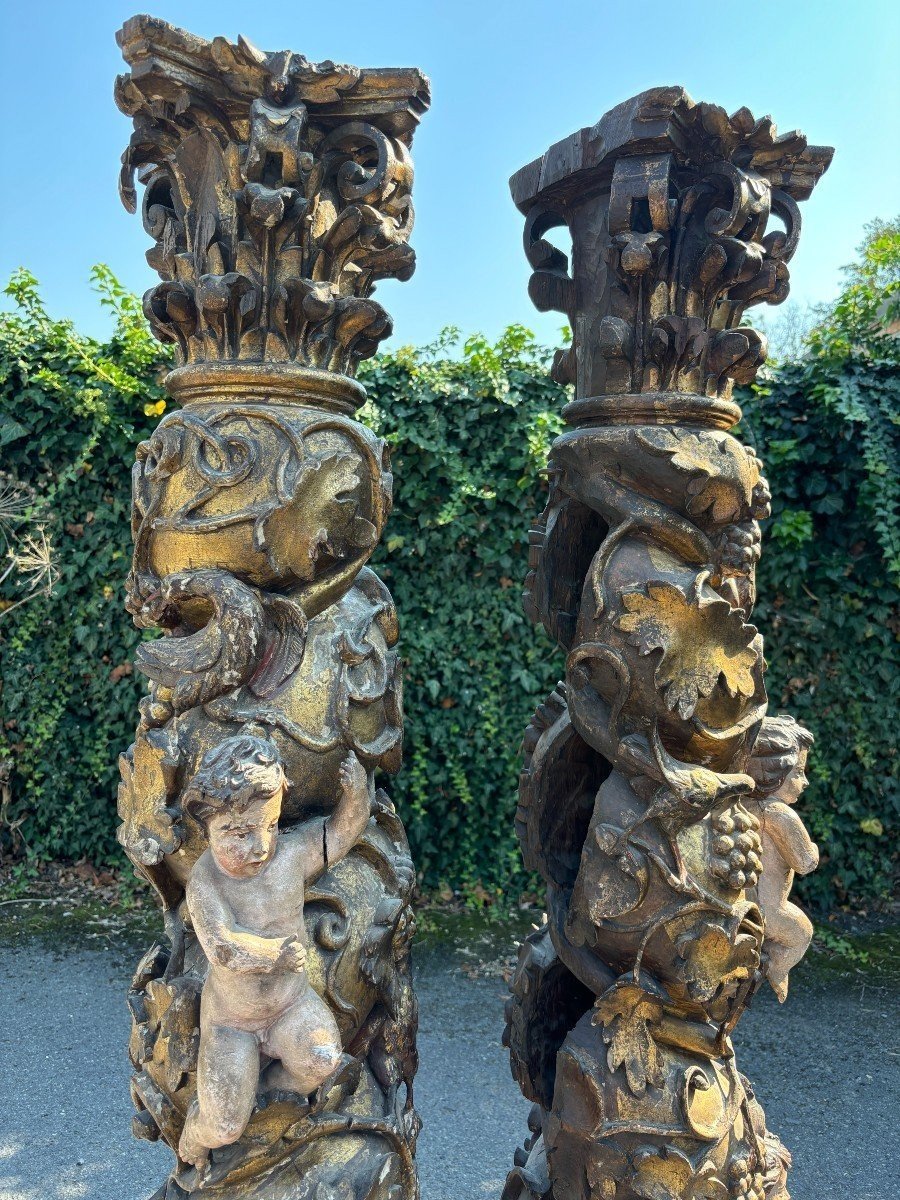 Paire De Grandes Colonnes Tournées Avec Chapiteaux 17ème Siècle.-photo-4
