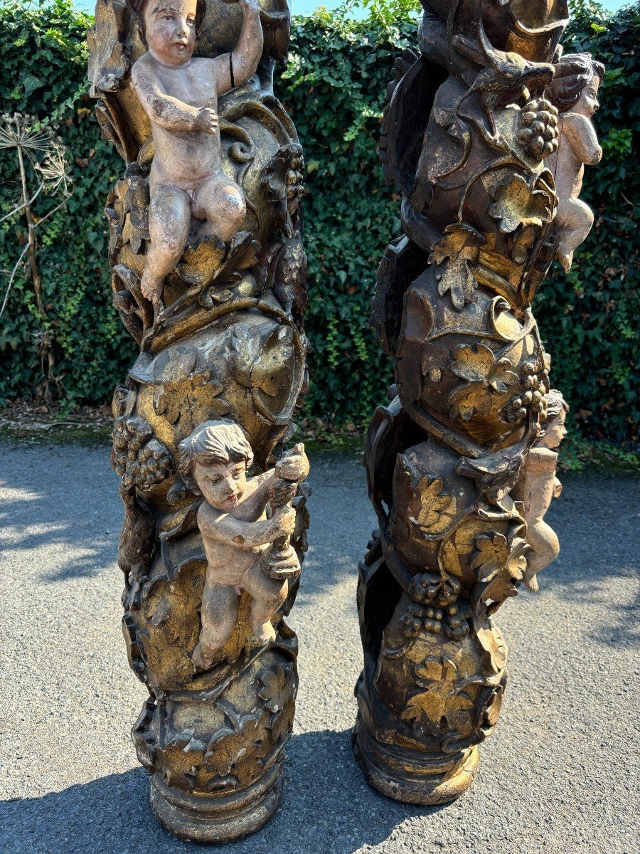 Paire De Grandes Colonnes Tournées Avec Chapiteaux 17ème Siècle.-photo-4