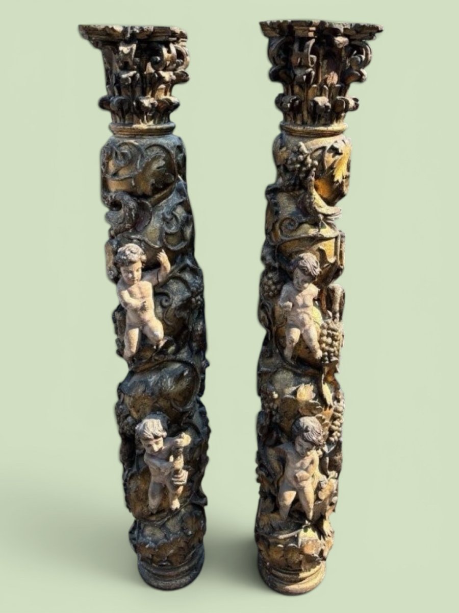 Paire De Grandes Colonnes Tournées Avec Chapiteaux 17ème Siècle.-photo-6