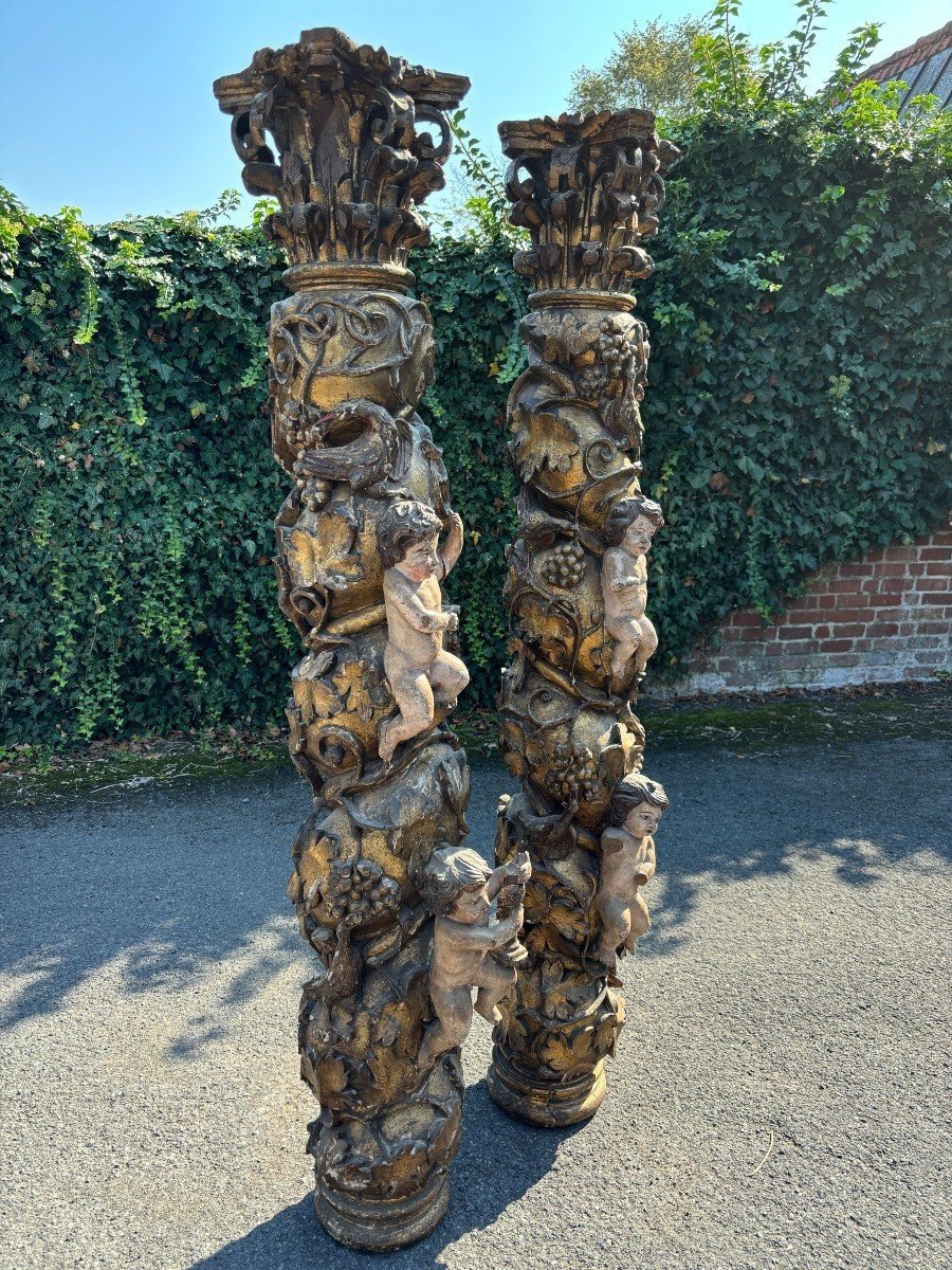 Paire De Grandes Colonnes Tournées Avec Chapiteaux 17ème Siècle.-photo-7