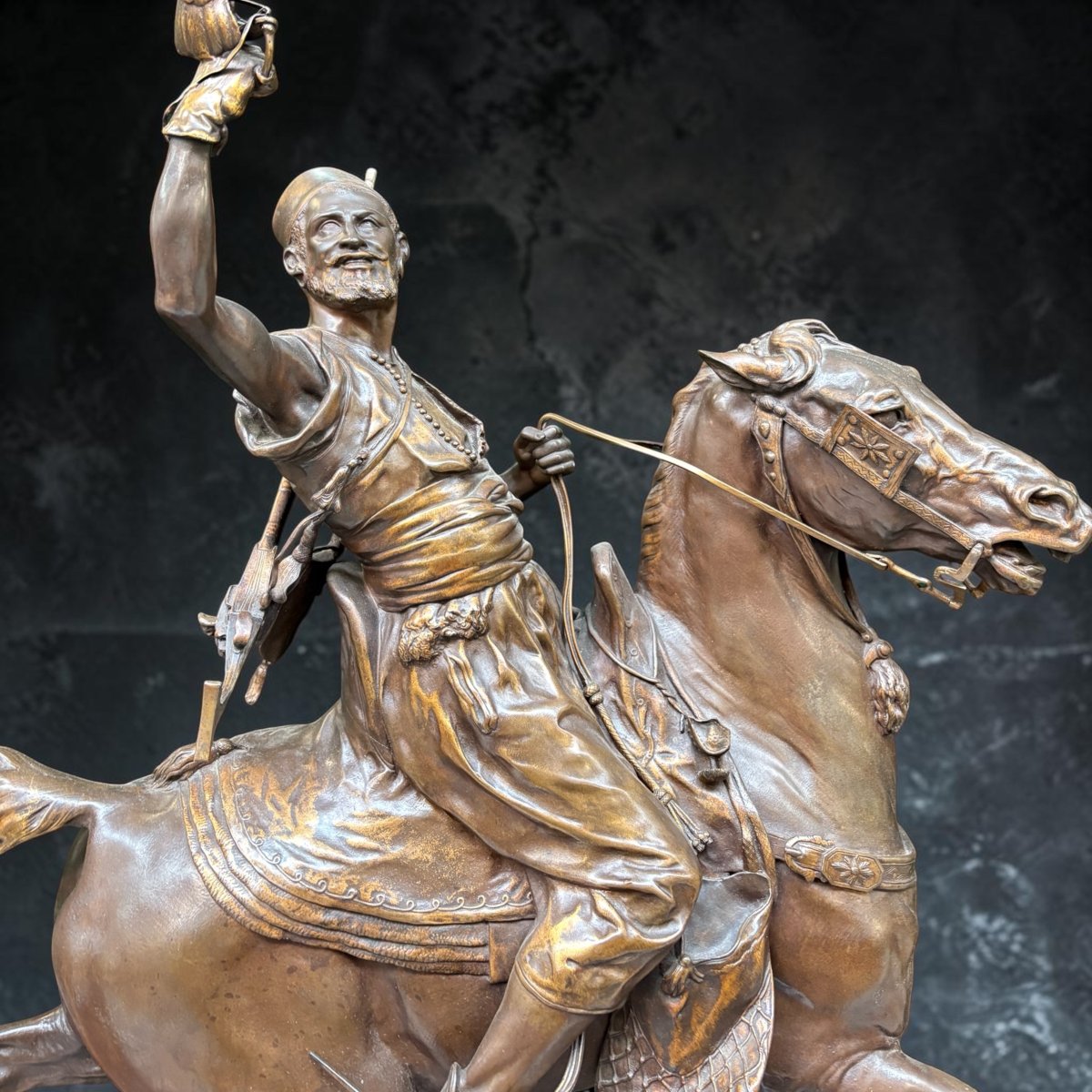 Large Bronze Sculpture "the Arab Falconer On Horseback," 19th Century.-photo-2