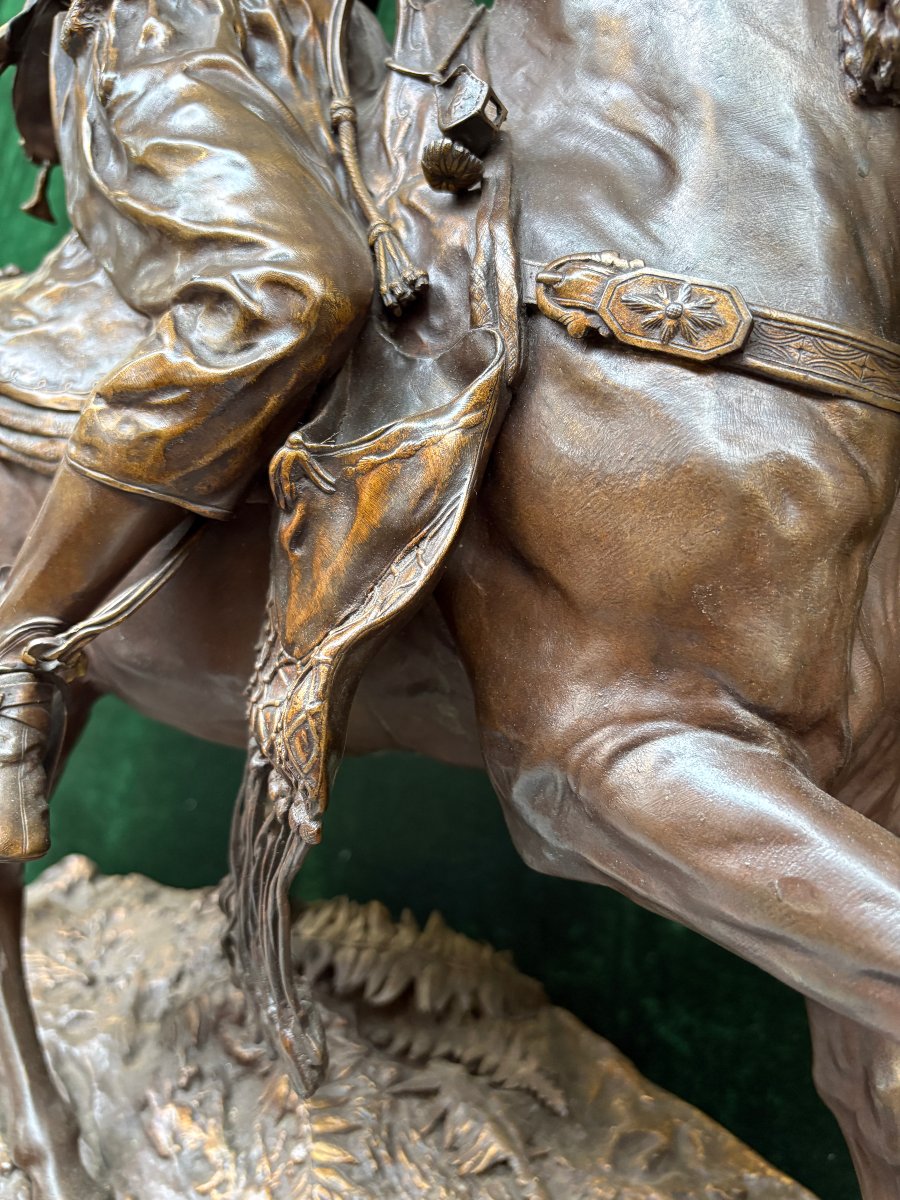 Large Bronze Sculpture "the Arab Falconer On Horseback," 19th Century.-photo-3