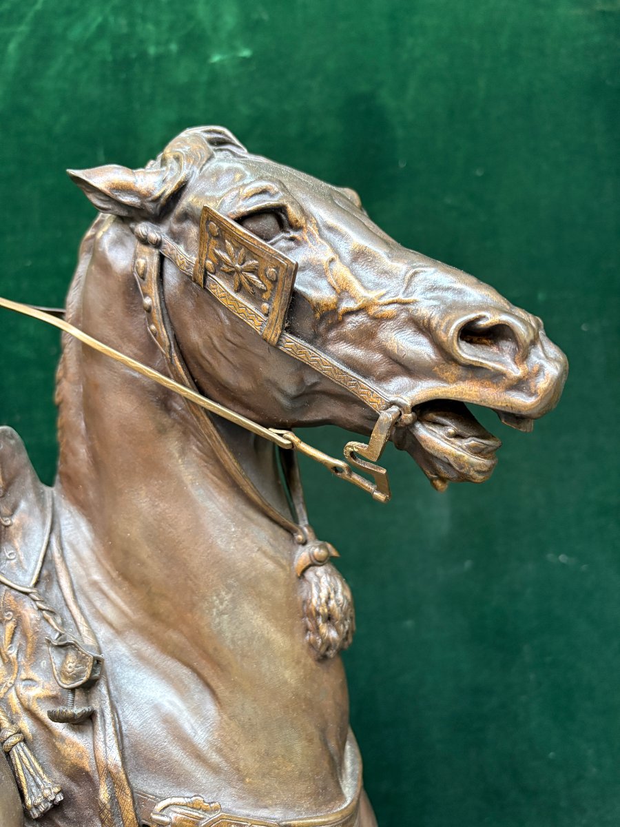Large Bronze Sculpture "the Arab Falconer On Horseback," 19th Century.-photo-4