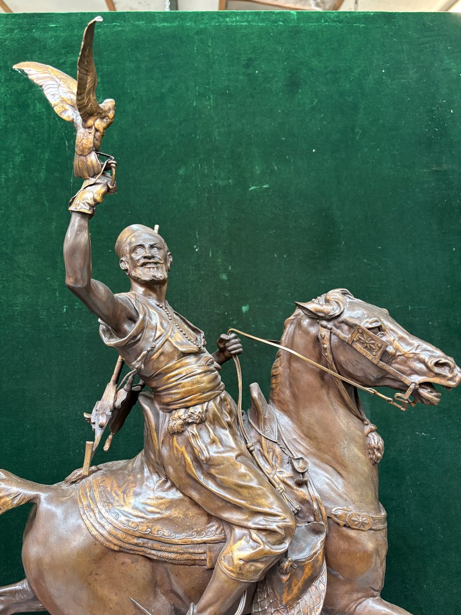 Large Bronze Sculpture "the Arab Falconer On Horseback," 19th Century.-photo-1