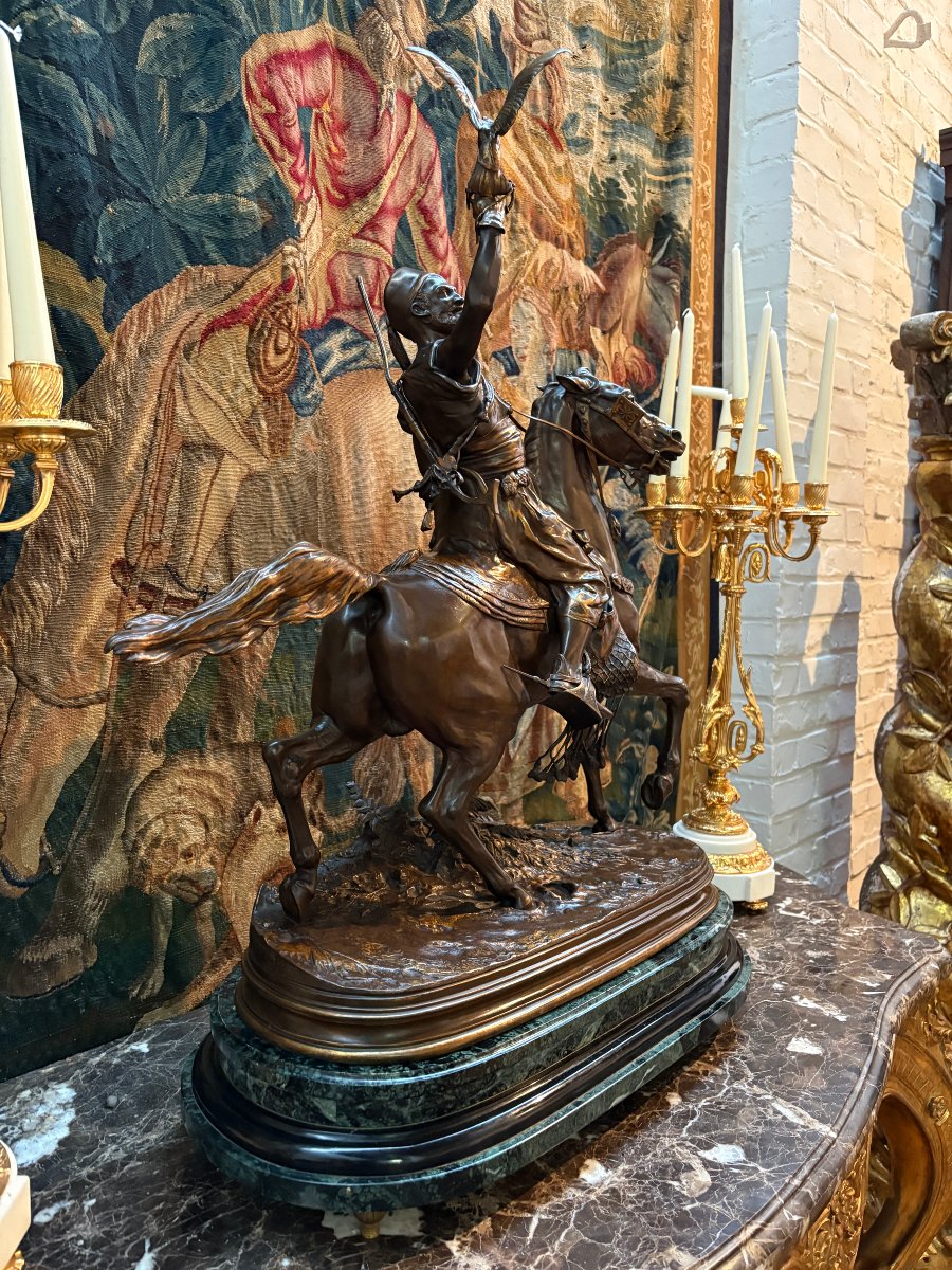 Large Bronze Sculpture "the Arab Falconer On Horseback," 19th Century.-photo-5