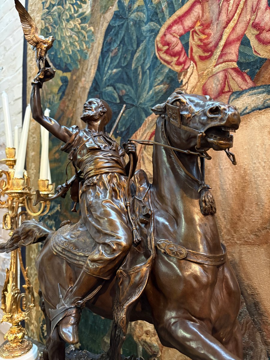 Large Bronze Sculpture "the Arab Falconer On Horseback," 19th Century.-photo-6