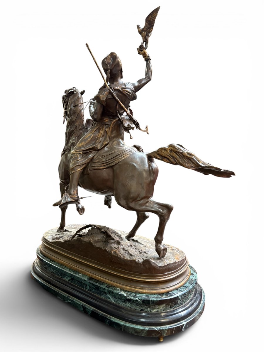 Large Bronze Sculpture "the Arab Falconer On Horseback," 19th Century.-photo-7