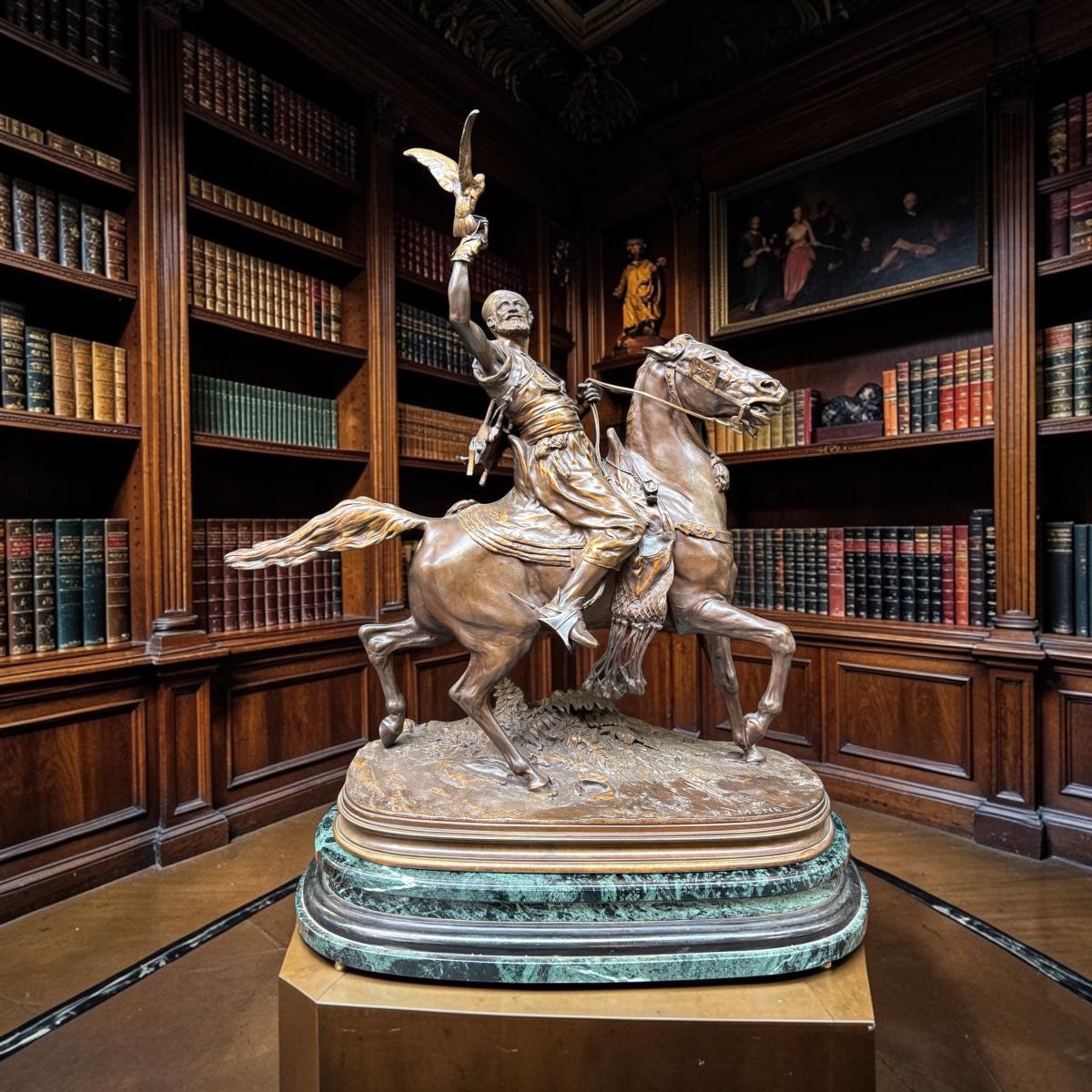Large Bronze Sculpture "the Arab Falconer On Horseback," 19th Century.-photo-8