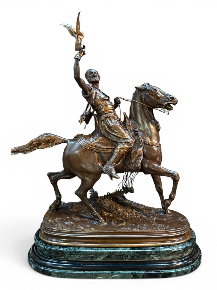 Large Bronze Sculpture "the Arab Falconer On Horseback," 19th Century.