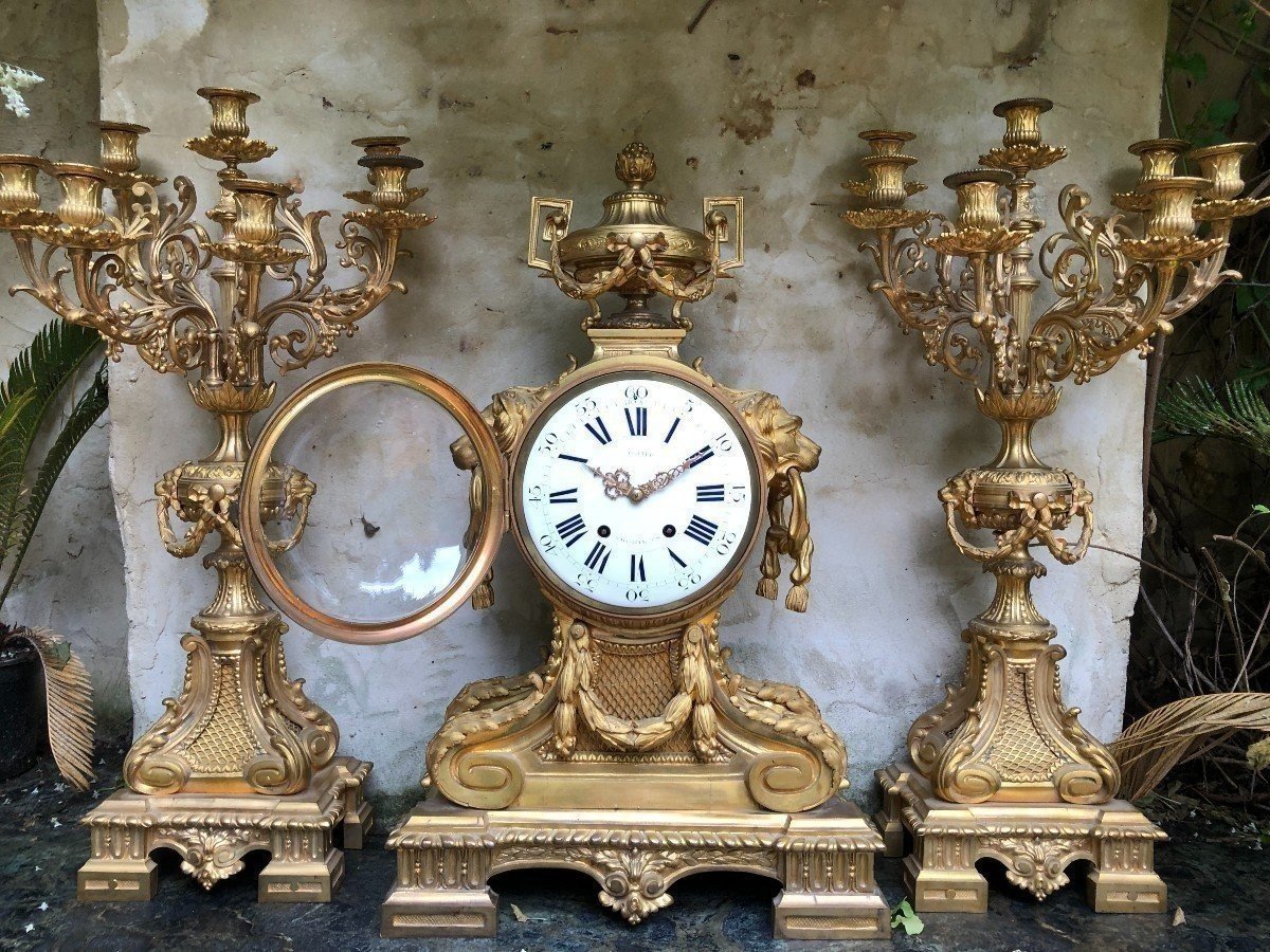 Grand Garniture De Cheminée De Style Lxvi En Bronze Doré Paris, 19e Siècle.-photo-3