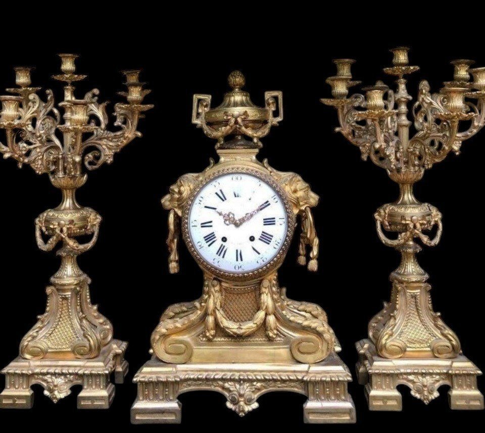 Grand Garniture De Cheminée De Style Lxvi En Bronze Doré Paris, 19e Siècle.-photo-8
