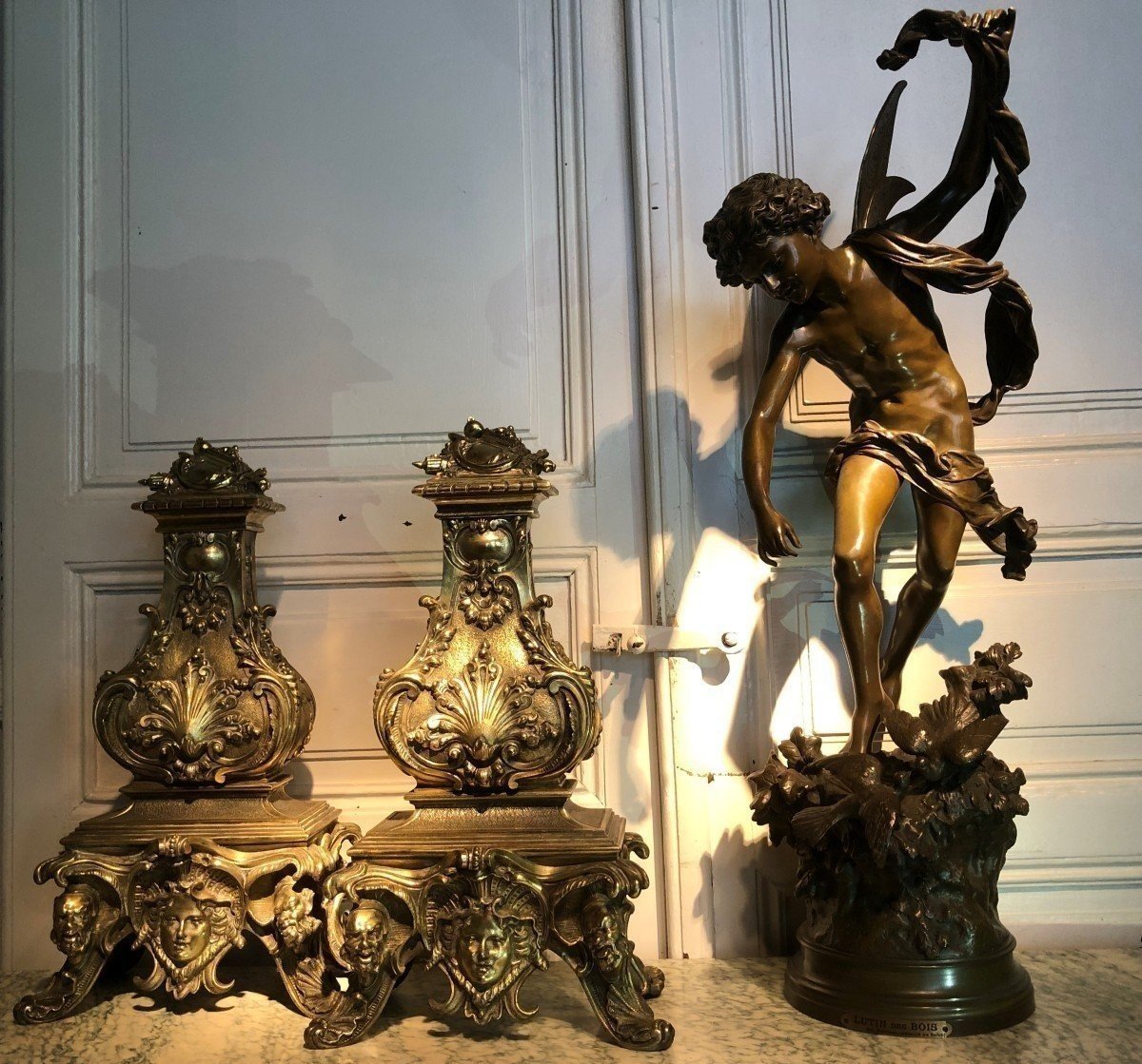 Pair Of 19th-century Bronze Castle Andirons.-photo-1