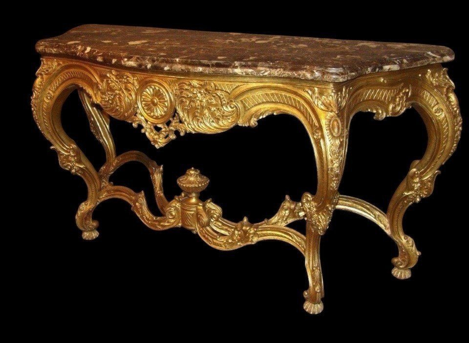 Large 19th-century Louis XV-style Console Table With Four Legs, In Gilded Wood.-photo-3