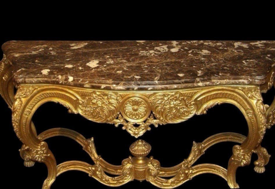 Large 19th-century Louis XV-style Console Table With Four Legs, In Gilded Wood.-photo-4