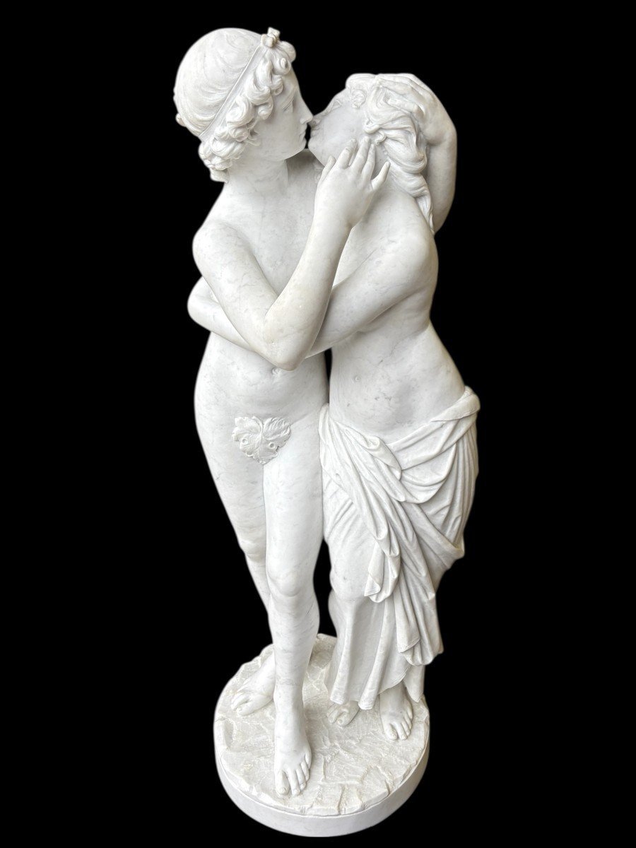 Grande sculpture (116 cm) « Amor et Psyché » en marbre de Carrare, XIXe siècle-photo-2