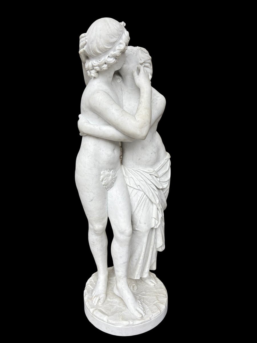 Grande sculpture (116 cm) « Amor et Psyché » en marbre de Carrare, XIXe siècle-photo-3