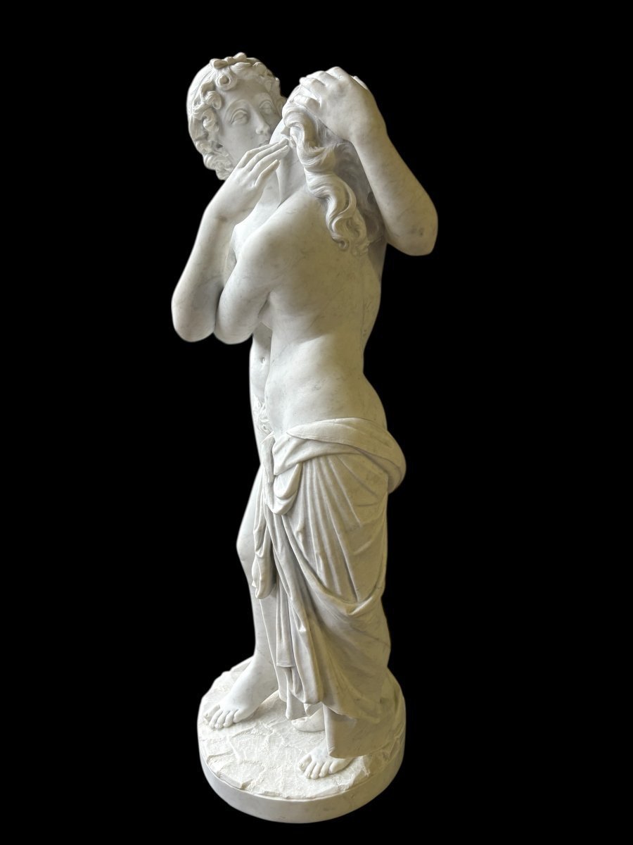 Grande sculpture (116 cm) « Amor et Psyché » en marbre de Carrare, XIXe siècle-photo-2