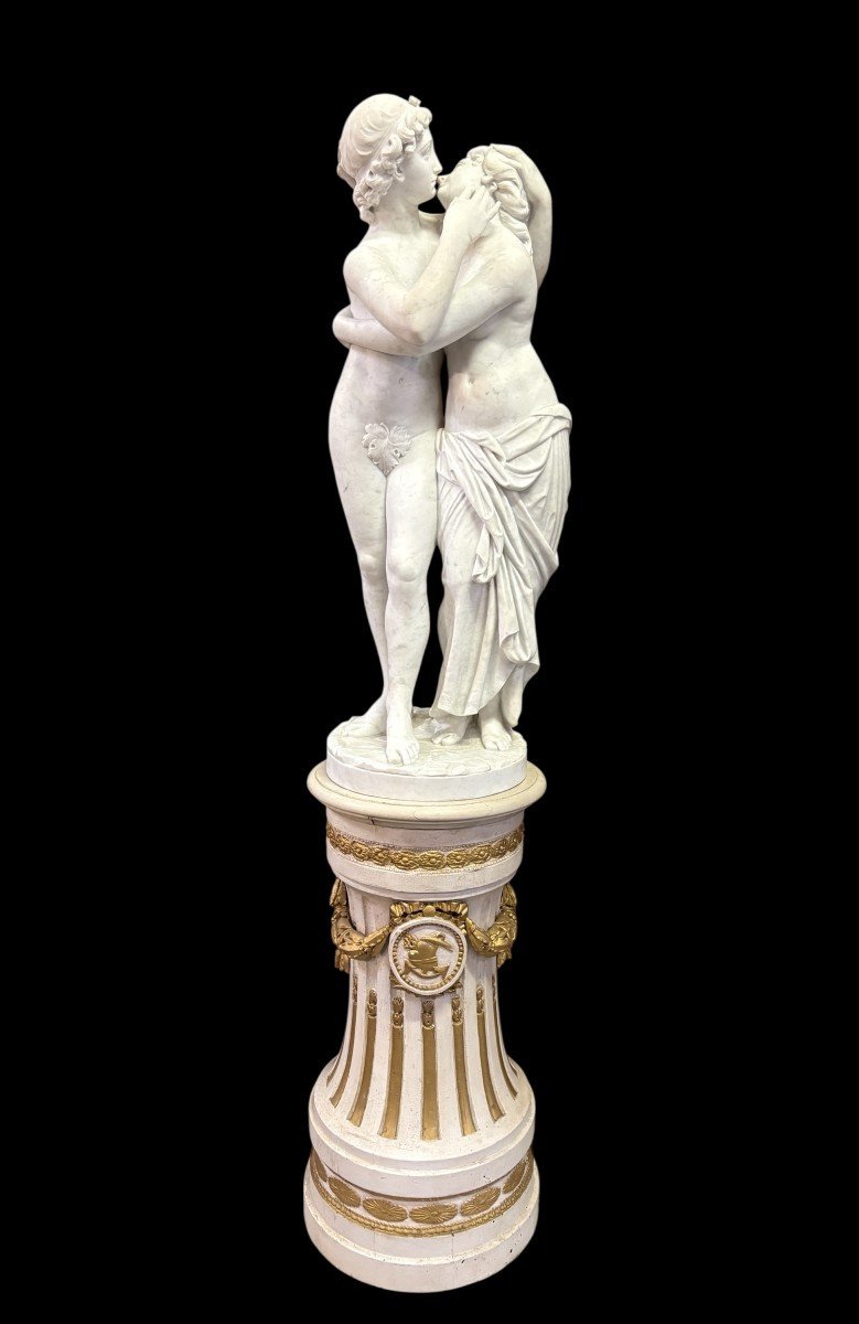 Grande sculpture (116 cm) « Amor et Psyché » en marbre de Carrare, XIXe siècle-photo-8