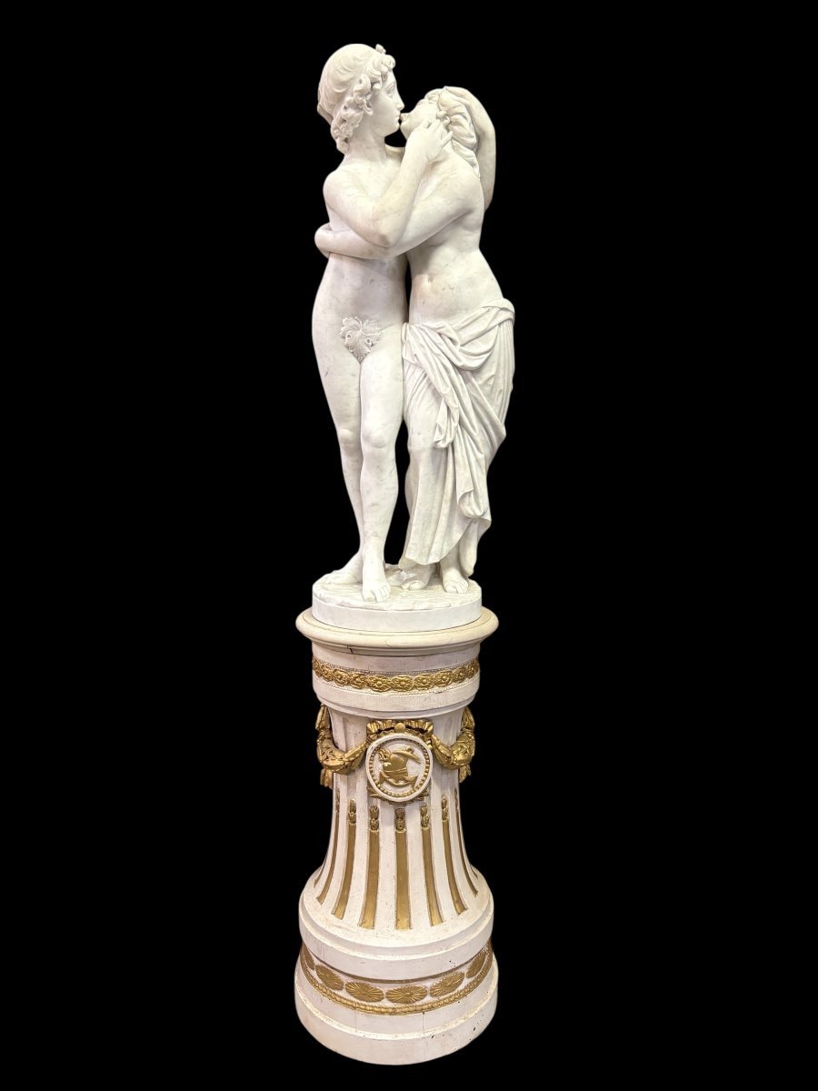 Grande sculpture (116 cm) « Amor et Psyché » en marbre de Carrare, XIXe siècle