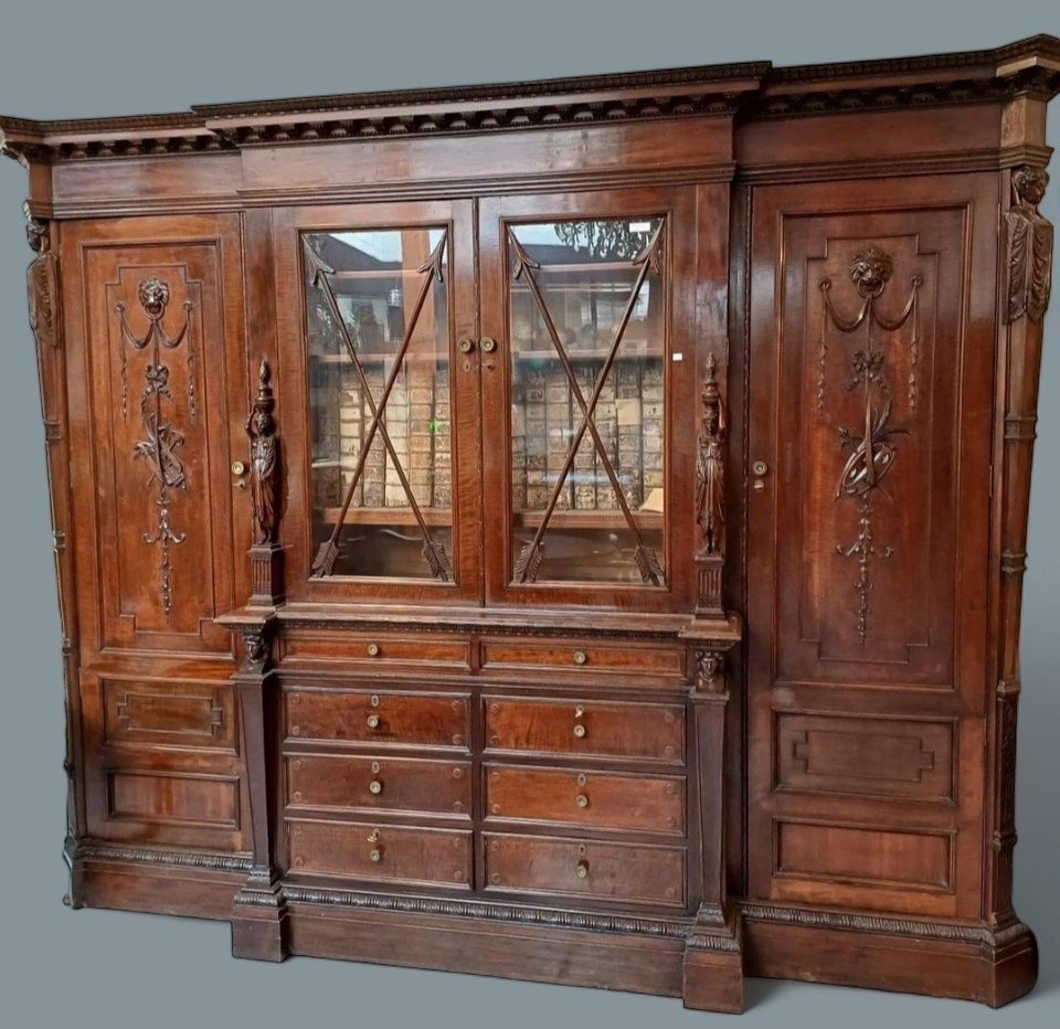 Large "breakfront" Empire-style Mahogany Bookcase, 19th Century. (304 Cm)-photo-2
