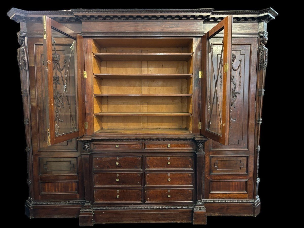 Large "breakfront" Empire-style Mahogany Bookcase, 19th Century. (304 Cm)-photo-4