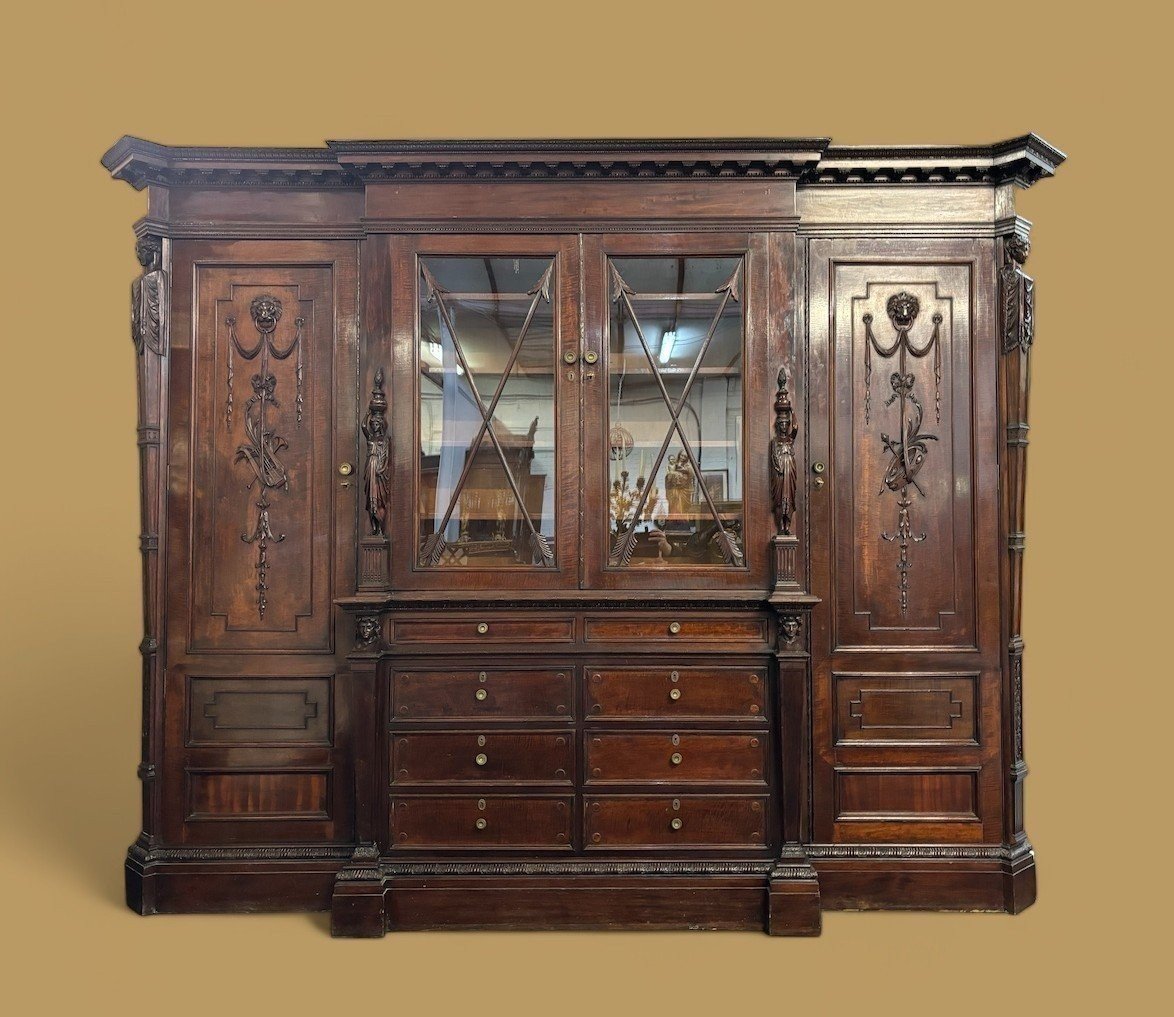 Large "breakfront" Empire-style Mahogany Bookcase, 19th Century. (304 Cm)-photo-8