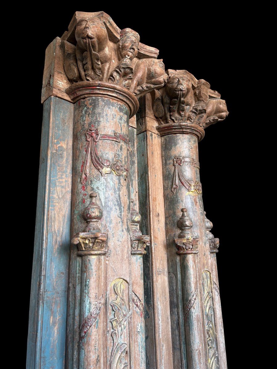 A Pair Of Large Decorative Wooden Columns With 19th-century Capitals.