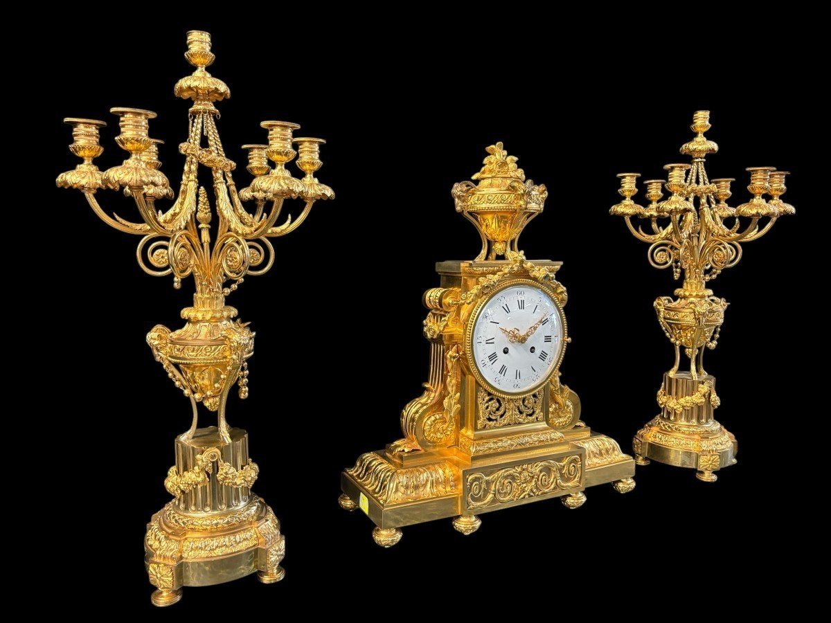 Grande Garniture De Cheminée En Bronze Doré De Style Louis XVI, 19ème.-photo-2