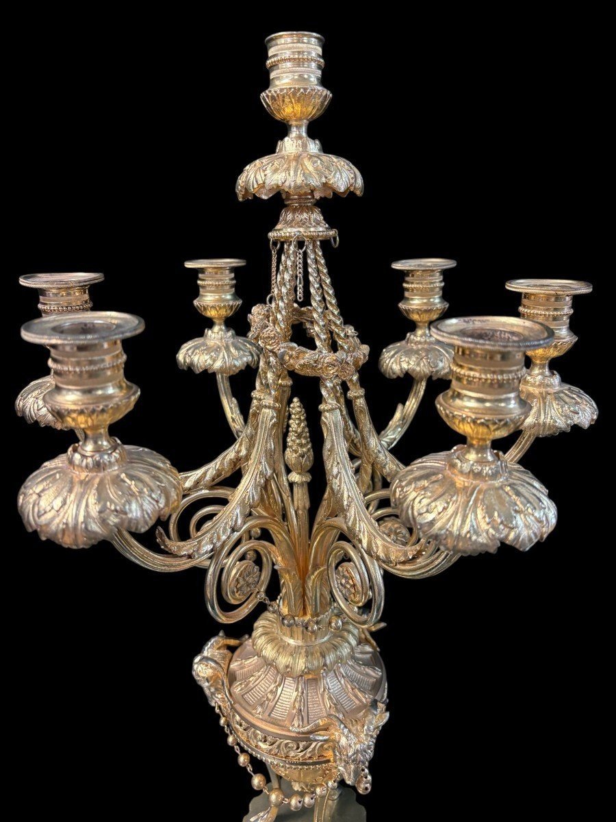 Grande Garniture De Cheminée En Bronze Doré De Style Louis XVI, 19ème.-photo-5