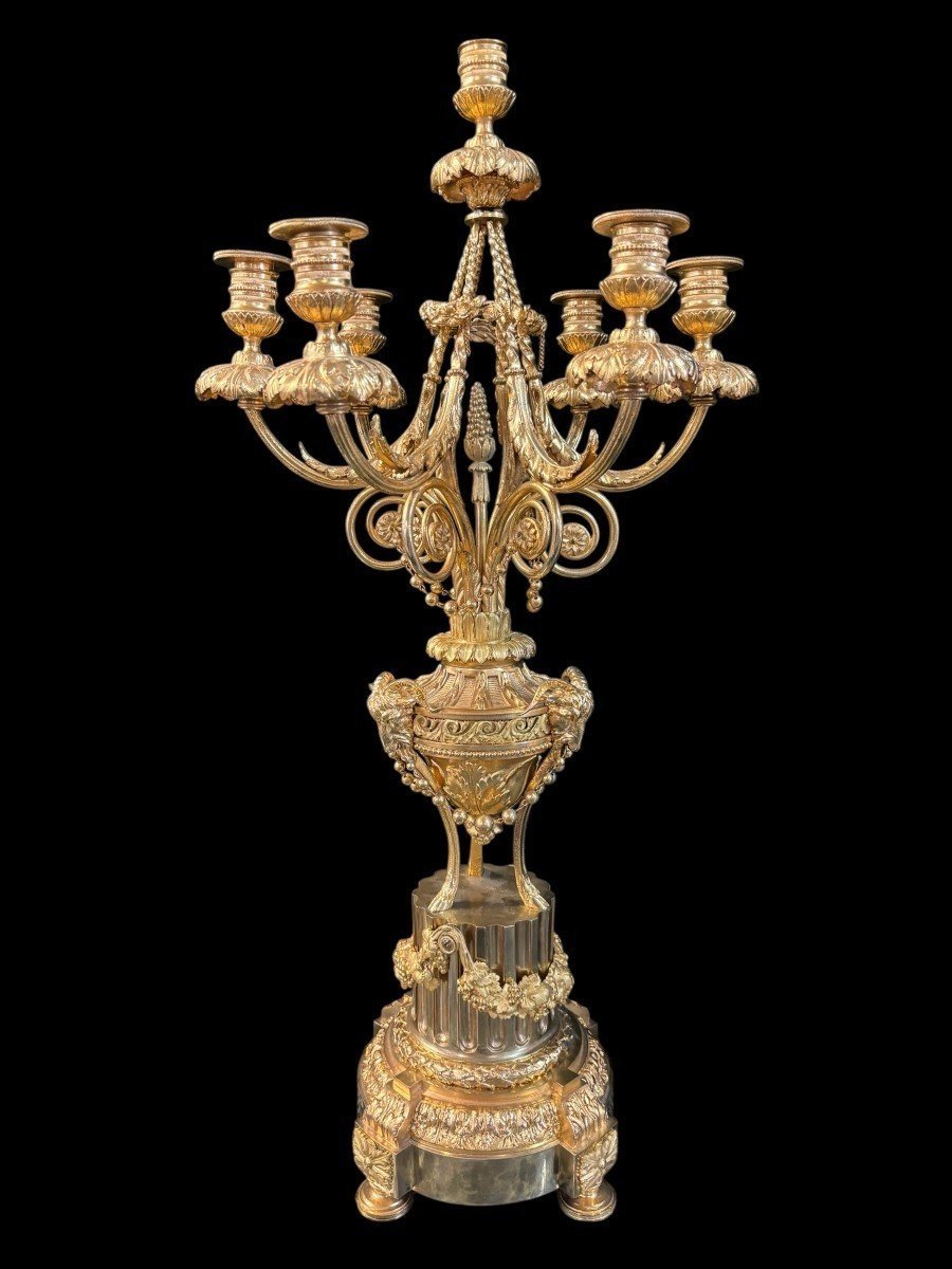 Grande Garniture De Cheminée En Bronze Doré De Style Louis XVI, 19ème.-photo-6