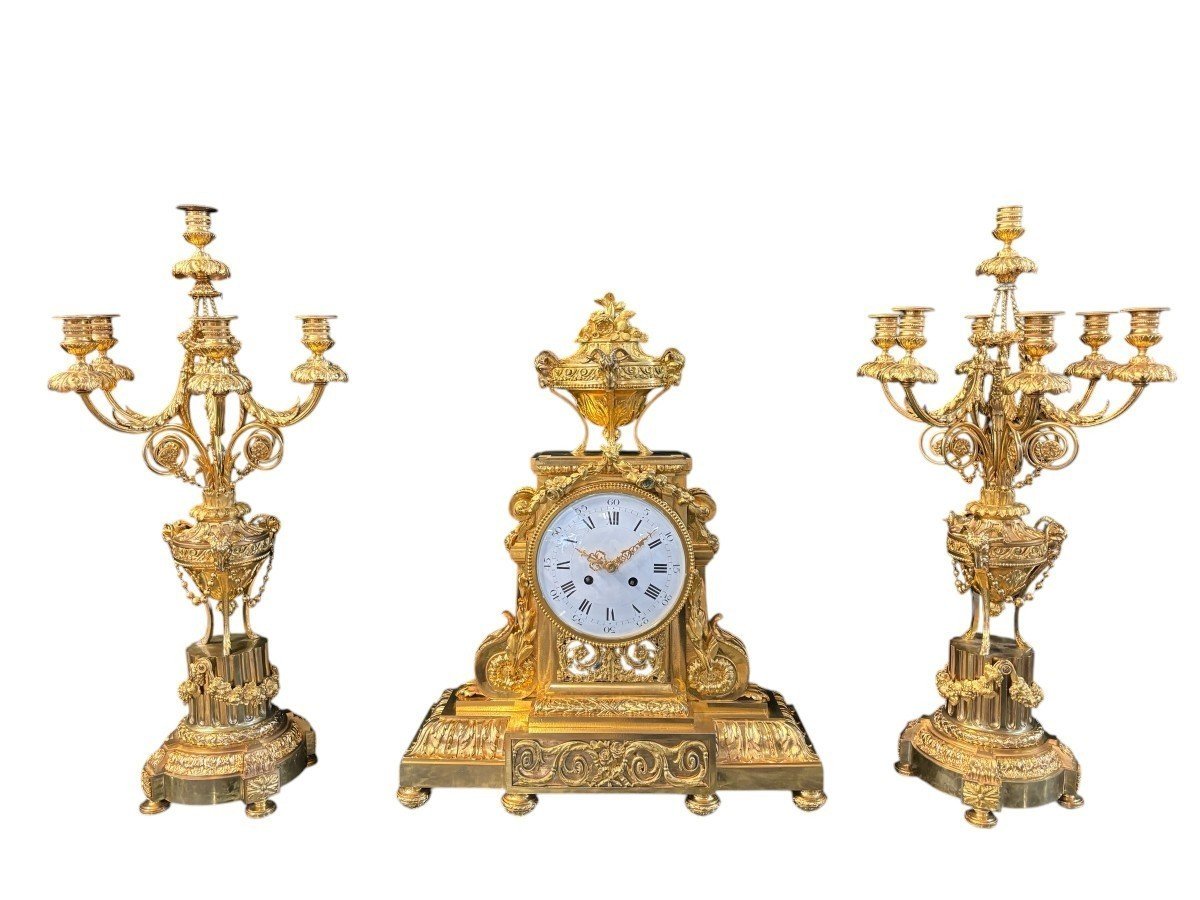 Grande Garniture De Cheminée En Bronze Doré De Style Louis XVI, 19ème.-photo-8