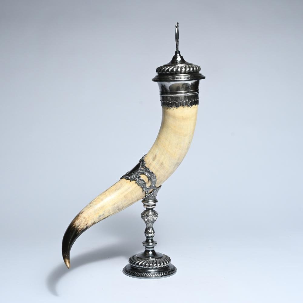 2 Decorative Drinking Horns On A Silver Base, Late 19th Century-photo-4