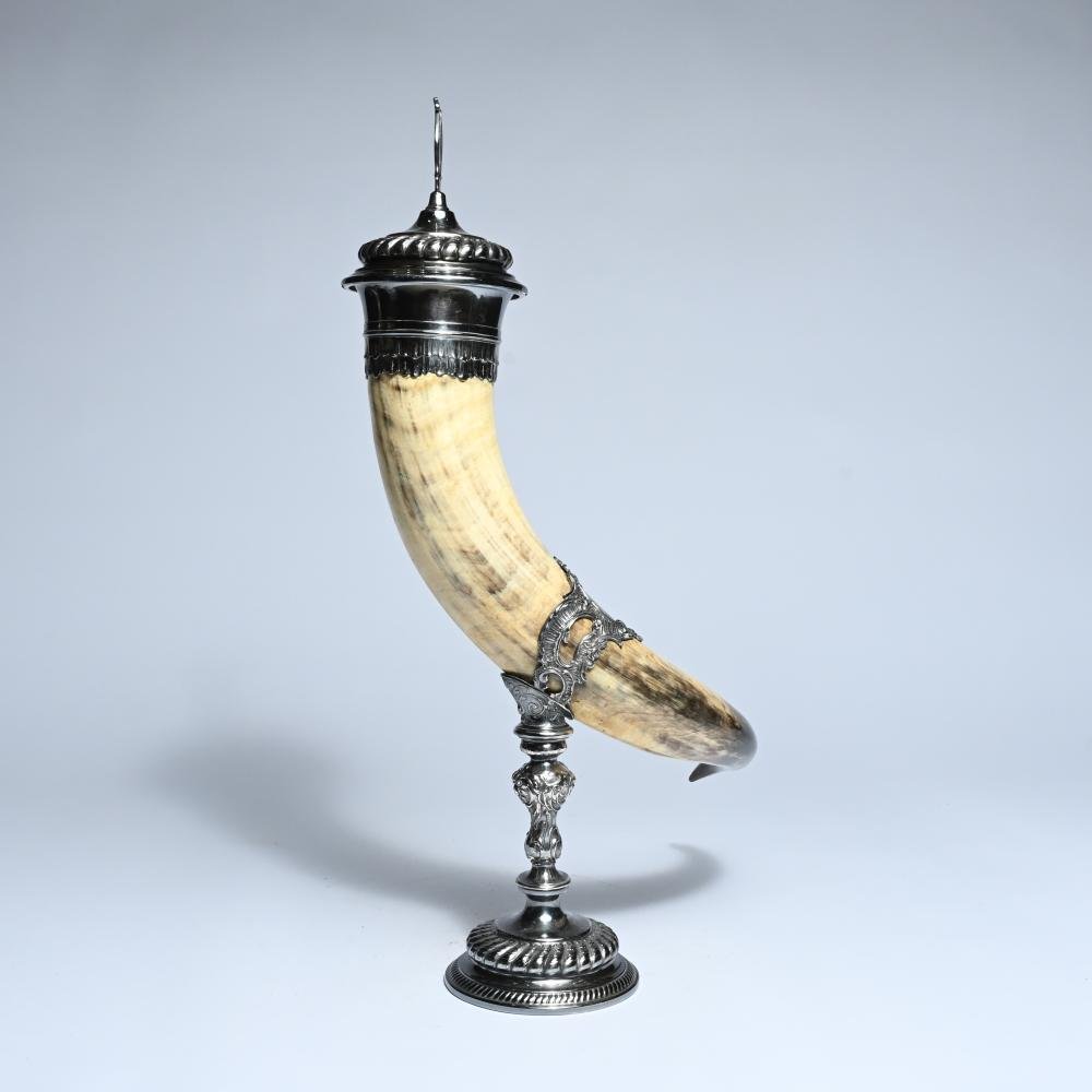 2 Decorative Drinking Horns On A Silver Base, Late 19th Century-photo-2